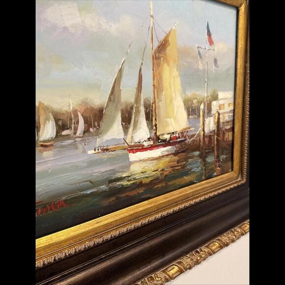 Oil on Canvas Painting Signed J.Norton Seascape Dock Framed Matted 26”x 21” - Picture 3 of 11